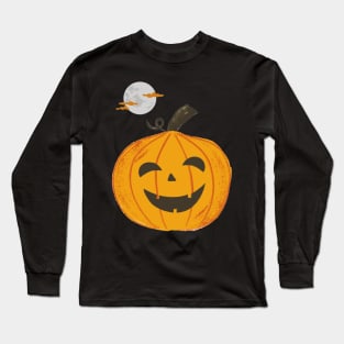 Halloween Carved Pumpkin Under The Moon (Black) Long Sleeve T-Shirt